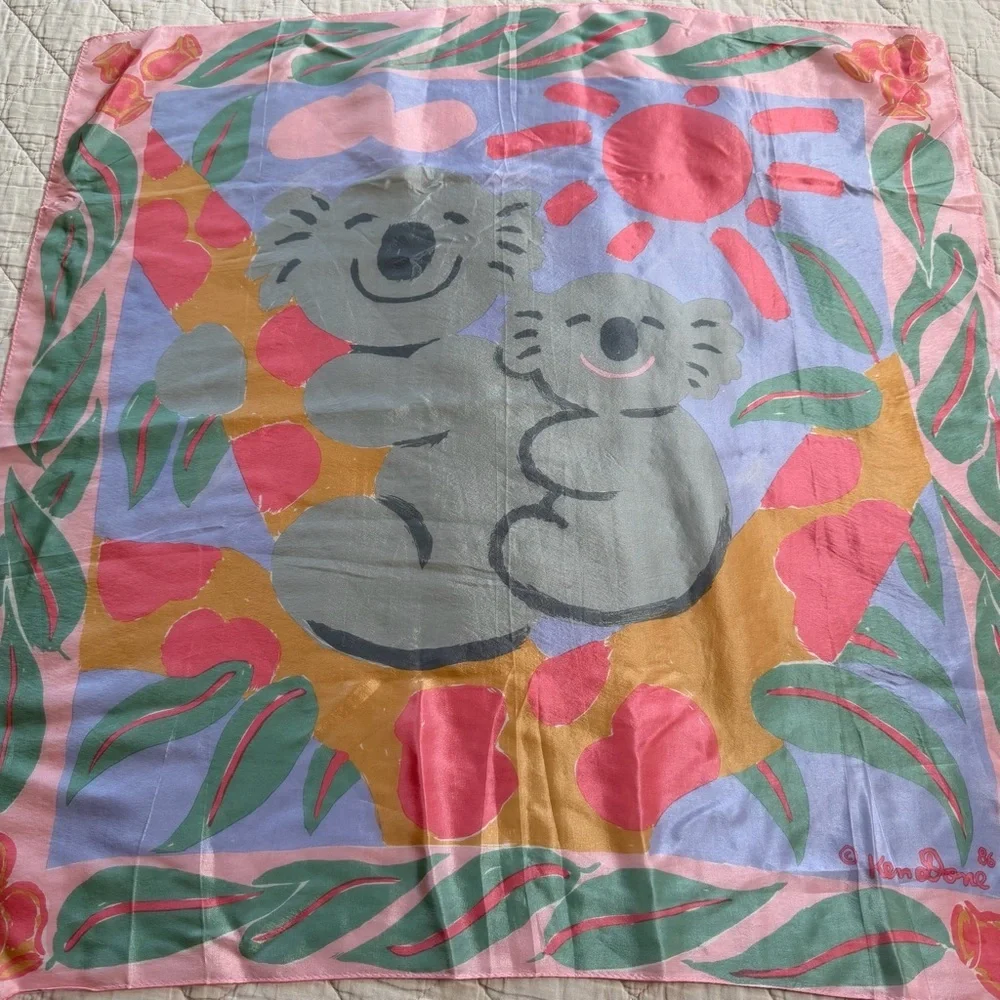 KEN DONE 1986 Vintage Silk Scarf 29” Pink Koalas Sun Australia 100% Silk